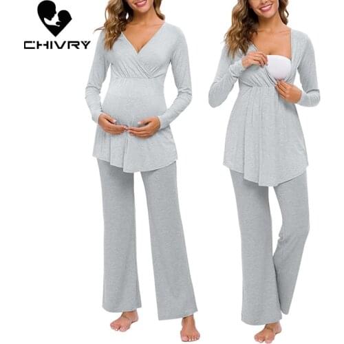 New Maternity Pregnant Women Pajamas Set Long Sleeve Nursing Baby Breastfeeding T-shirt Tops+Adjustable Pants Pajamas Nightwear