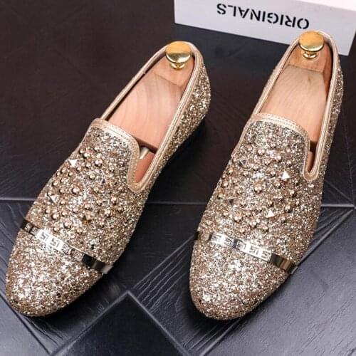 High quality Men Loafer Rivet sequins slip on comfortable Flats Leather Shoes Man Dress wedding Homecoming Prom Shoes b80