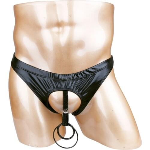 Mens Wet Look Leather Sexy Lingerie Sissy Panties Low Rise Jockstrap Elastic penis hole open butt Bikini Briefs Underwear