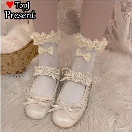 Japanese college socks Socks Girls Harajuku Comfortable socks adorable Lolita Cream lace bow tie socks Student socks