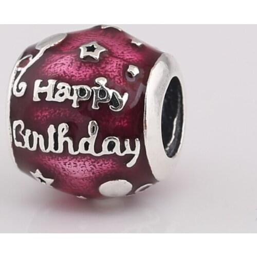 Authentic S925 Bead Red Enamel Happy Birthday to you Charm fit Lady Bracelet Bangle Girl Birthday Gift DIY Jewelry