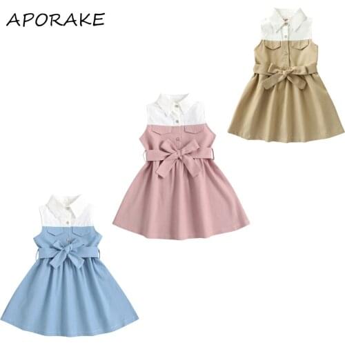 2021 2-7Y Girls Casual Sleeveless Dress with Belt Fashion Summer Contrast Color Single-breasted Tunic A-line Dress