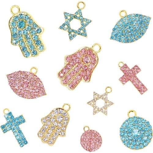 DIY allah islamic charm for pin chain gold full rhinestone crystal round star hand eyes snow cross Islam baby charm pendant