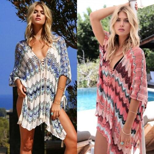 Sexy Bikini Crochet Cover Up 2019 Women Summer Striped Knit Swimwear Beach Bathing V Neck Casual Loose Cover Up Hot