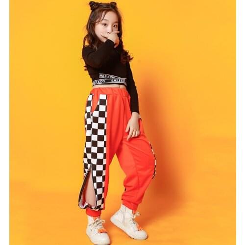 Girls Street Dance Crop Top Plaid Fashion Pant 2 Pcs Sets Hip Hop Kids Child Cool Jazz Outfits Teen Costume Clothes Streetwear