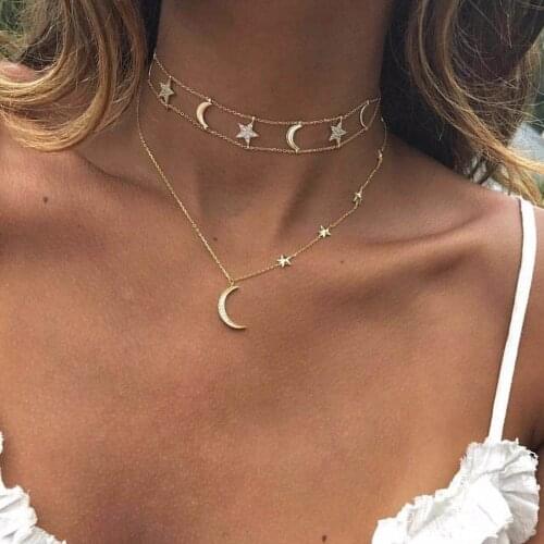 Bohemian Month Stars Multi Layer Necklaces For Women Gold Color Long Moon Crystal Pendant Necklace Collar Girl Party