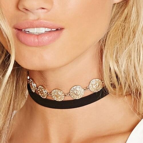 YWZIXLN Bohemian Gold Color Round Pendant Black Lace Necklace For Women Jewelry Accessories Gift Wholesale N019