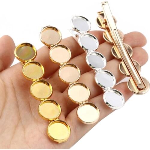Handamde Copper Iron Alloy Hair Clips Findings Round Cabochon Settings (Fits 12mm Dia.) DIY Women Pins Jewelry 69mm x 14mm,5PCs