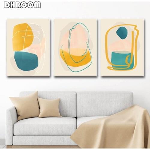 Yellow Blue Wall Art Modern Abstract Posters and Prints Geometric Art Set of 3 Canvas Painting Living Room Decor Large Poster