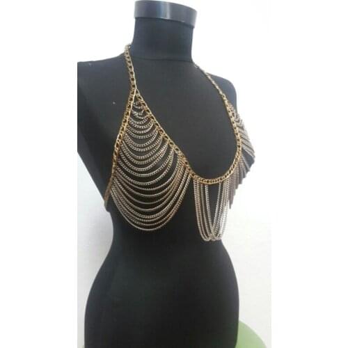 New Women Sexy Gold Color Body Chain Bra Slave Harness V Necklace Waist Jewelry BYD68