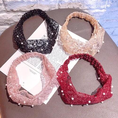 Women Girls Cute Sweet Lace Headband Scrunchie Fashion Faux Pearl Headband Hair Bands Hair Accessorie for Women