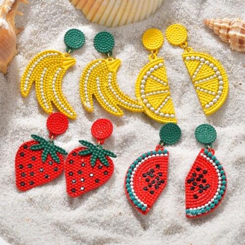 Fruit Earrings Red Watermelon Lemon Banana Strewberry Drop Earrings for Women Hot Sale Cute Big Earring Jewelry Christmas Gift