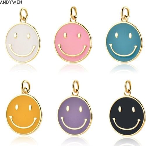 ANDYWEN 925 Sterling Silver Gold Smile Happy Mood Smiley Happy Face Charm Pendant For Chain Accessories Rock Punk Women Jewelry