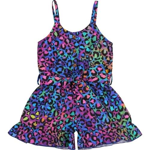 1-6Y Fashion Infant Girls Leopard Jumpsuits Sleeveless Single Breasted Belt Printed Rompers