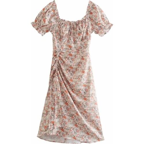 YENKYE Summer Women Side Drawstring Draped Floral Print Dress Sexy Collar Short Sleeve Holiday Sweet Ladies Dress Midi Vestido