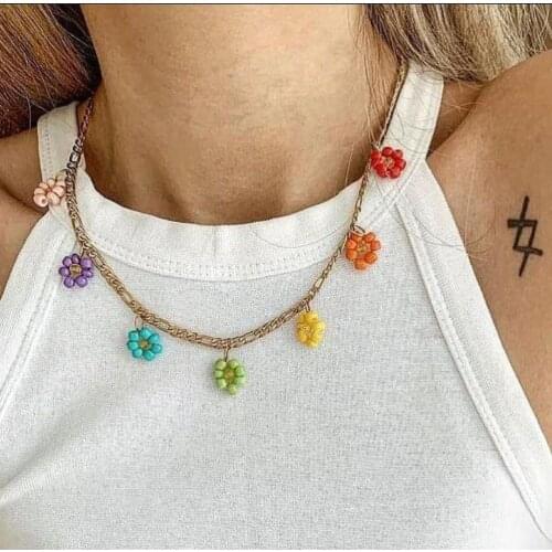 Vedawas Fashion INS Daisy Flower Necklace for Women Bohemian Acrylic Colorful Chain Link Necklace Accessories Jewelry Gift Party