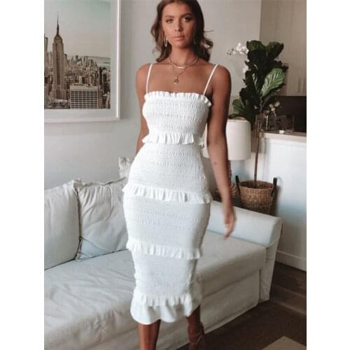 Women Sexy Floral Print Shirred Dress Layer Ruffle Midi Dresses Women Party Holiday Slim Sundress Clothing 2020