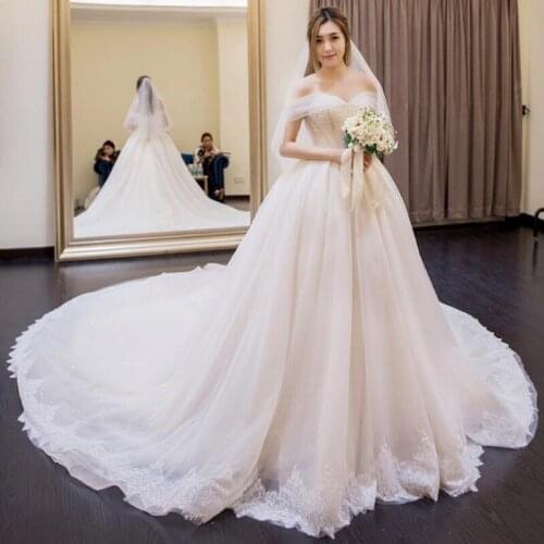 2019 Autumn New Off the shoulder Luxury Royal Train Applique Wedding Dresses robe de mariee Vestido De Novia