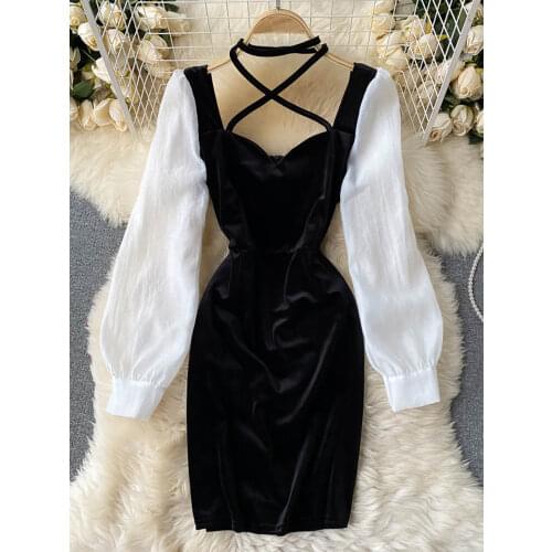 Autumn Winter Black/White Patchwork Dress For Women Sexy Halter Long Sleeve Party Dresses Female Velvet Vestidos New Fashion