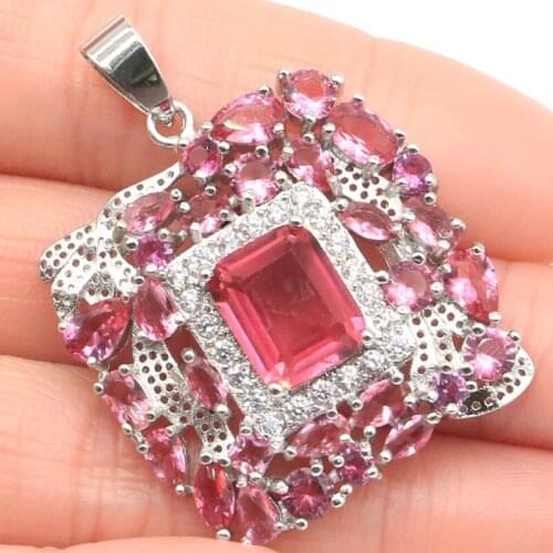 40x30mm Awesome Long Big Heavy Pink Tourmaline CZ Womans Party Silver Pendant