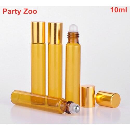 500 X 10ML Portable Amber Glass Roll On Bottle with Gold/Silver Lid Small Roller Essential oil Bottle Brown Perfume Glass Vials