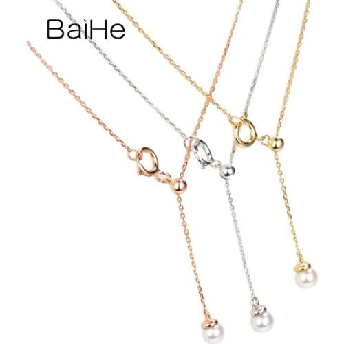 BAIHE Solid 18K Yellow Gold 3.5MM Round Freshwater Pearl Wedding Trendy Fine Jewelry Beautiful pearl necklace Women Real Gold