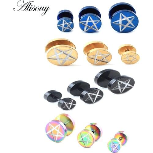 Alisouy 2pcs Stainless Steel hip-hop rock Round star dumbbell Men Women Pierced stud Earrings