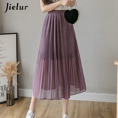 Jielur Chiffon Summer Pleated Skirt Women High Waist Retro Skirt Lady Elastic Waist Simple Loose Black White Skirts S-XL Korean