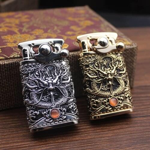 Classic Metal Retro Dragon Shape Pure Copper Flint Lighter Men Gadgets Kerosene Oil Gasoline Lighter Gift For Men With Gift BOX