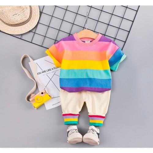Summer Baby Girls Boys Clothing Sets Toddler Infant Clothes Suits Cotton Rainbow T Shirt Strap Shorts Kids Children Costume SETs