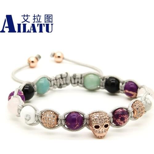 Ailatu Colorful 8mm Purple Sea Sediment Stone Clear CZ Heart Skull Trendy Style Bracelet Girl and Womens Gift