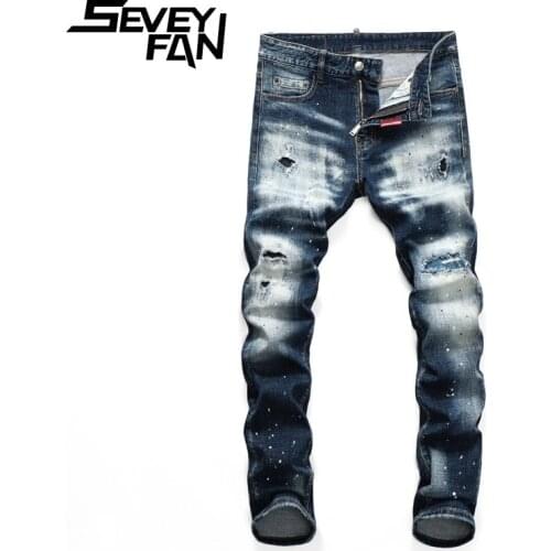 SEVEYFAN Ink Painted Ripped Jeans Mens Distressed Washed Slim Pencil Trousers Streetwear Denim Pants