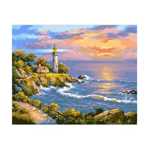 Lighthouse by sea at sunset Diy digital coloring paint by numbers wall art paintings for living room hand painted on canvas home