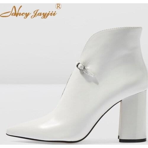 Ladies Spring Booties Shoes White Black Pointed Toe Ankle Boots Woman High Square Heels Buckle Strap Small Size 30 33 36 Fashion