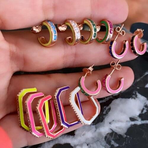 Enamel colorful pastel pinky 1pc Clip on earring for women geometric rectangle shaped engraved cz no piercing ear cuff earrings