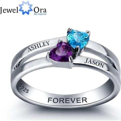 Personalized Engrave Birthstone Couple Heart 925 Sterling Silver Cubic Zirconina Classic Ring Free Gift Box (JewelOra RI101999)