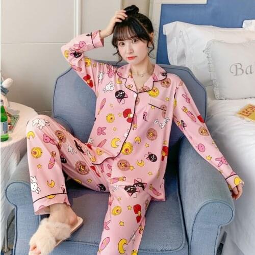 Print Pajamas Sets For Women Cute Sailor Moon Long Sleeve Cotton Sleepwear Pink Pijama Mujer Female Nightsuit Homewear