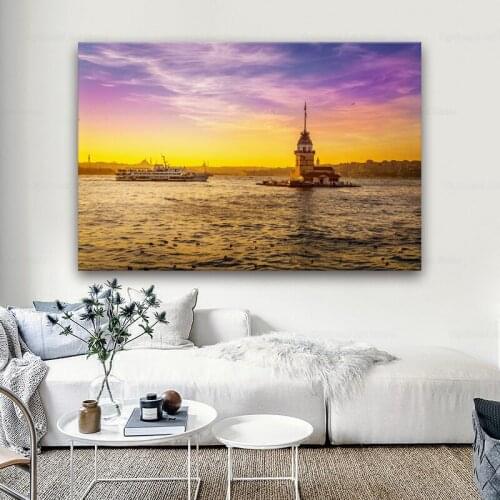Turkey Sea Sunrises sunsets Sky Maiden Tower Istanbul Nature Living room home wall art decor wood frame fabric poster