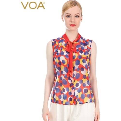 VOA Silk 12m/m Dotted Print Georgette Ribbon Bow Tie Sleeveless Womens Single-Breasted Lightweight Breathable Shirt Female BE97