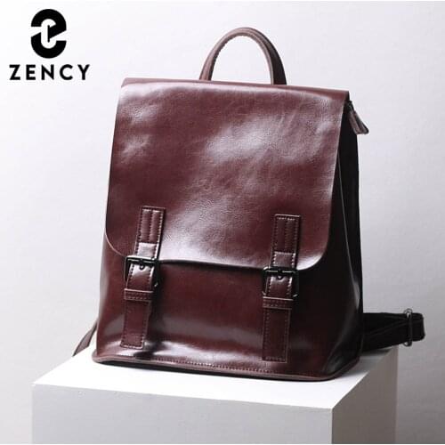 Zency 100% Genuine Leather Women Backpack Fashion Brown Daily Holiday Knapsack Notebook Schoolbag For Girls Travel Bag Black