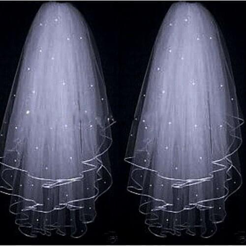 In Stock Cheap White Ivory Three Layers Ribbon Edge Wedding Veil With Pearls Short 3 Layers Bridal Veil Velos de Noiva