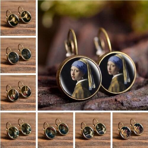 Fashion Bronze Color Punk Style Earrings Vermeer Oil Painting Girl Wearing Pearl Stud Earrings Glass Cabochon Jewelry for Women