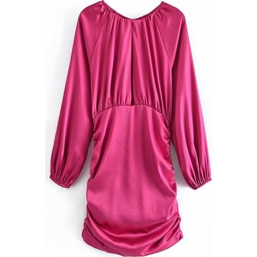 2021 Womens Fashion Sexy Hollow Out Round Neck Lantern Sleeve Mini Skirt Rose Red Folds Satin Long Sleeve Dress