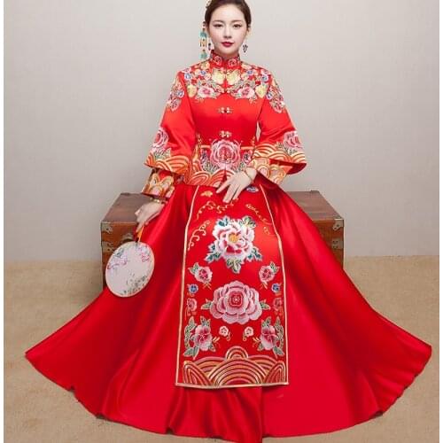 Red Vintage Chinese Kimono Womens Long Qipao Cheongsam Wedding Evening dress Cheongsam Chinese SuZhou Embroidery Long Dress