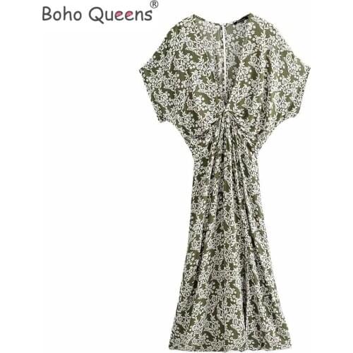 Boho Queens women floral print bat sleeve beach Bohemian dresses Kimono Ladies V neck sashes Boho maxi dress vestidos