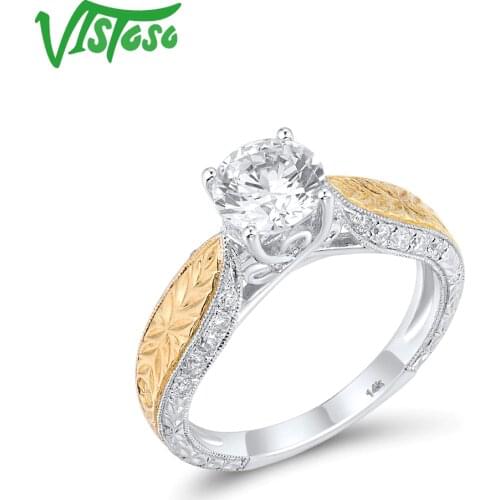 VISTOSO Genuine 14K 585 Yellow Gold Diamond Rings For Women Sparkling Round White CZ Main Stone Wedding Engagement Fine Jewelry