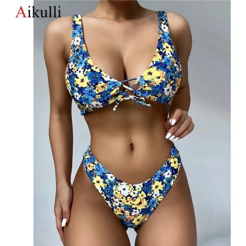 2021 Bikinis Floral Swimsuits Women Sexy V Neck Lace Retro Print Swimwear Female Summer Bikini Set Two-pieces Bathing Suits Swim