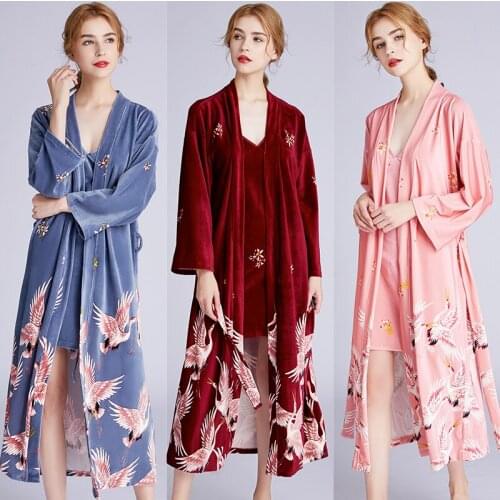 Velvet Pajamas Ladies Autumn/Winter Crane Hanging Skirt Night gown Medium Thickness Long Style Woman Pajamas Wholesale 3 Colors
