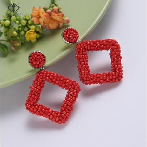 Bohemian Hollow Square Dangle Earrings Handmade Yellow Beaded Drop Earrings for Womens Wedding Statement Gift Wholesale ES0683