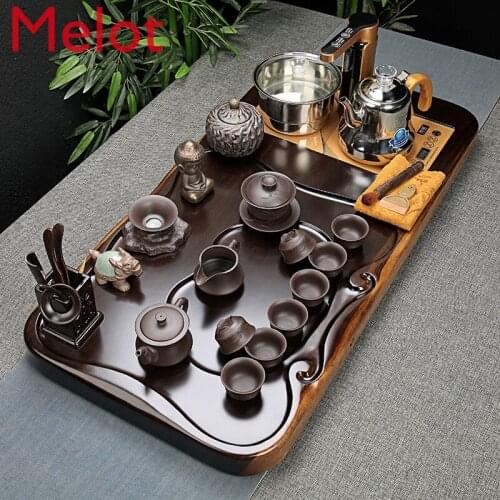 Tea Set Ebony Solid Wood Tea Tray Tea Table Purple Sand Set Kung Fu Tea Teacup Set Automatic Integrated Household